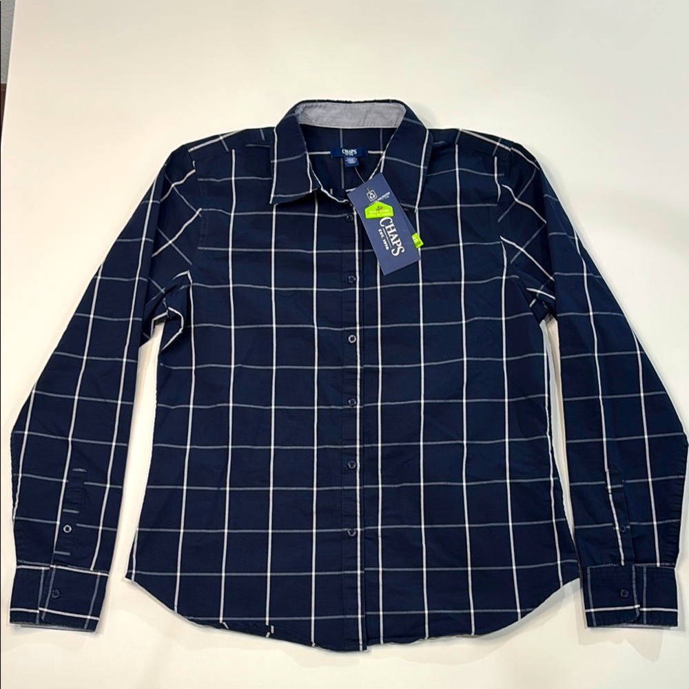 Chaps Navy Blue Checkered Button Down Shirt